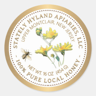 Honig Etikett Gelbe Blume Biene und Goldrand Runder Aufkleber