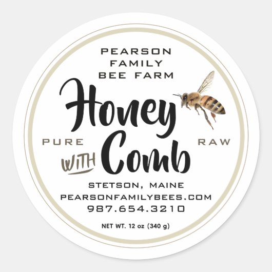 Honig mit Comb Label Flying Bee auf Weiß Runder Aufkleber (Vorderseite)
