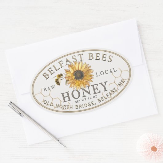 Honig mit Sonnenblume und Biene Ovaler Aufkleber (Umschlag)