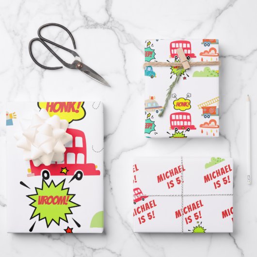 Honig piep in glücklichen Fahrzeugen Junge Geburts Geschenkpapier Set (Vorderseite)