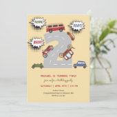 Honig Piepton Retrofahrzeuge zweite Junge Geburtst Einladung (Stehend Vorderseite)