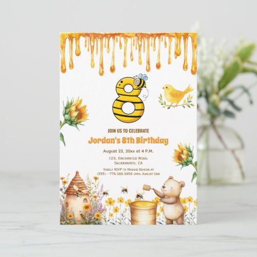 Honigbär 8. Geburtstagsparty Einladung (Stehend Vorderseite)