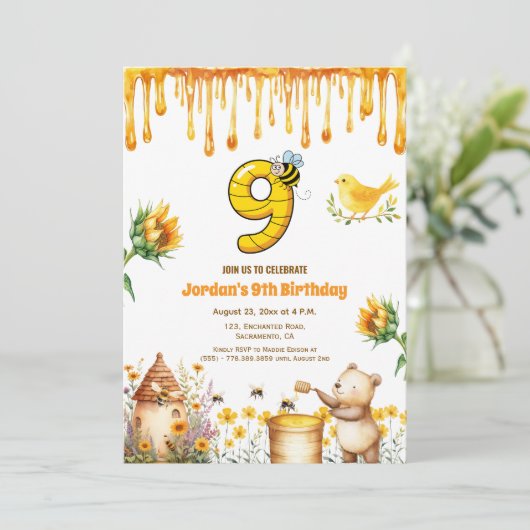 Honigbär 9. Geburtstagsparty Einladung (Stehend Vorderseite)