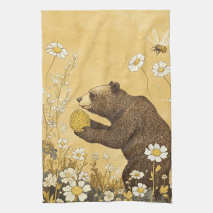 Honigbär auf Wiesen mit Wildblumen Geschirrtuch