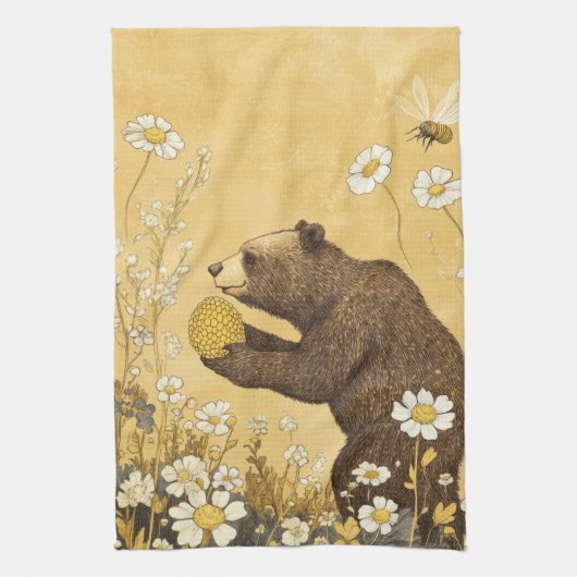 Honigbär auf Wiesen mit Wildblumen Geschirrtuch (Vertikal)