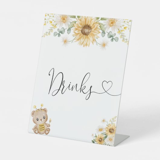 Honigbär mit Sonnenblumengetränken Sockelschild (Vorderseite)