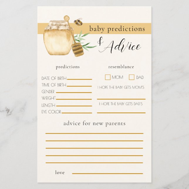 Honigbiene-Baby-Shower-Vorhersage-Spiel (Vorderseite)