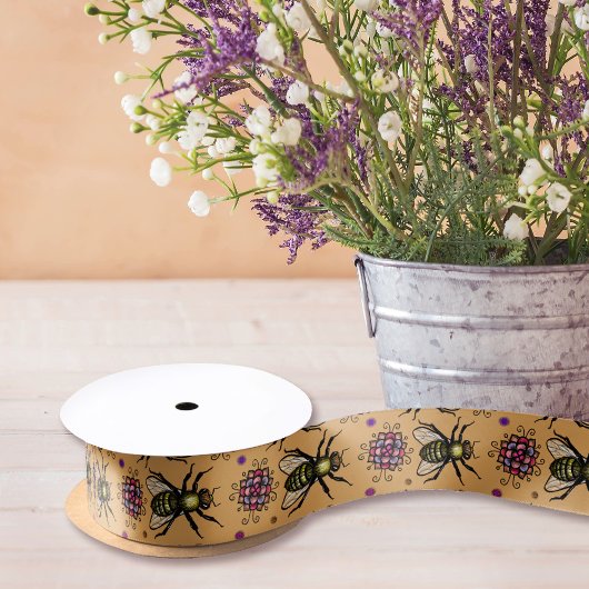 Honigbiene und Blume Beige natürliche, rustikale F Satinband