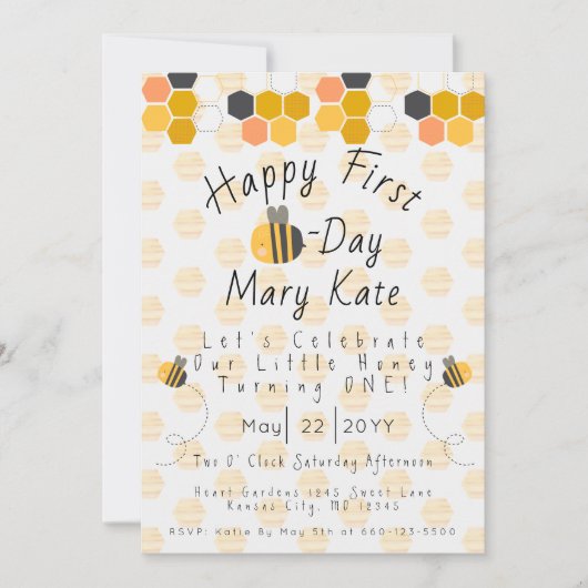 Honigbiene und Blume zum ersten Geburtstag persona Einladung (Vorderseite)