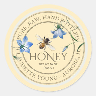 Honigbiene und Blütenblumen Honig, gelbes Etikett Runder Aufkleber