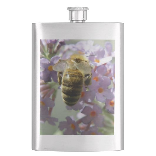 Honigbiene und Buddleia-Blume Flachmann (Vorderseite)