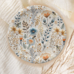 Honigbiene vintage blaue florale Babyparty Pappteller