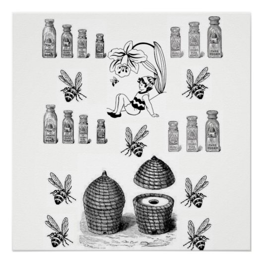 Honigbiene-weißes schwarzes Poster (Vorderseite)