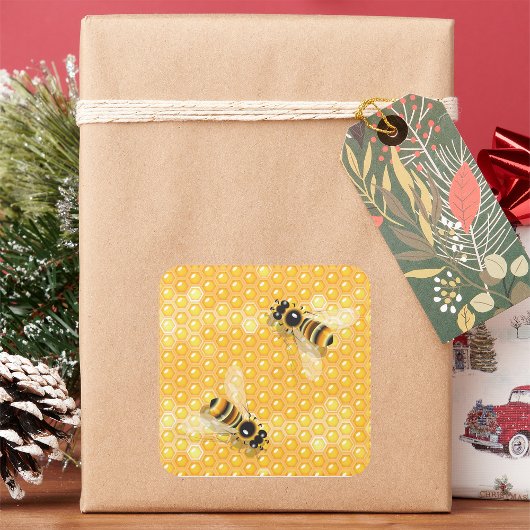 Honigbienen auf hellen Honigwabenmustern Quadratischer Aufkleber