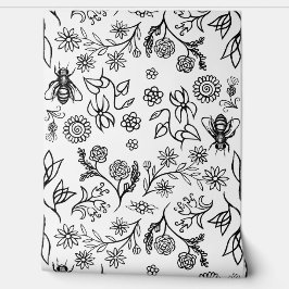 Honigbienen & Blumen Boho Moderne Schwarz und Weiß Tapete