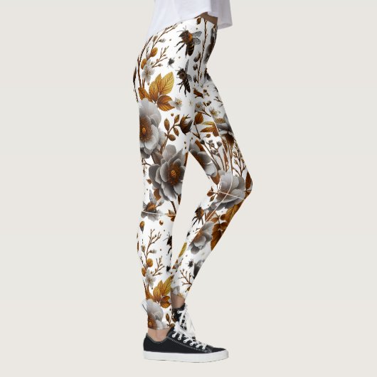 Honigbienen Blüten und Blätter Muster doodle Kunst Leggings (Rechts)