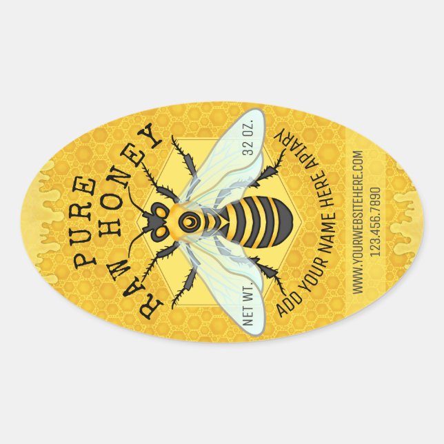 Honigbienen-Honig-Glas-Bienenhaus beschriftet | Ovaler Aufkleber (Vorderseite)