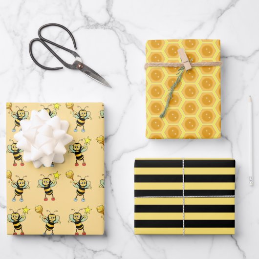 Honigbienen mit Herz- und Wabenmuster Geschenkpapier Set (Vorderseite)