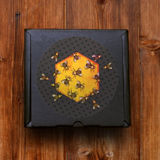 Honigbienen mit orangegelbem Hexagon zeichnend Kun Runder Aufkleber