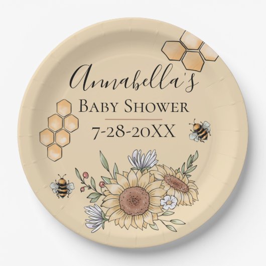 Honigbienen und Sonnenblumen Pappteller (Vorderseite)