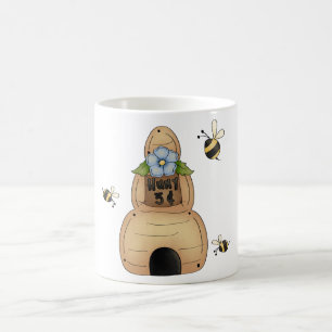 Honigbienenstock mit blauer Blume und Bienen Kaffeetasse