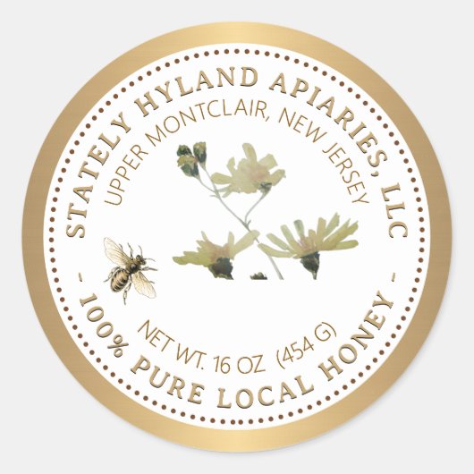 Honigetikett Gelbe Blume Biene und Goldgrenze Runder Aufkleber (Vorderseite)