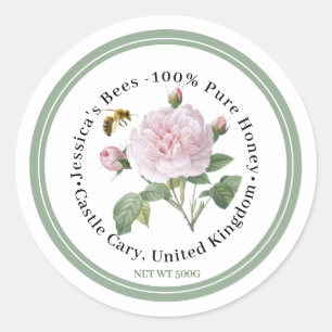 Honigetikett mit rosa Rosenbiene und grüner Grenze Runder Aufkleber