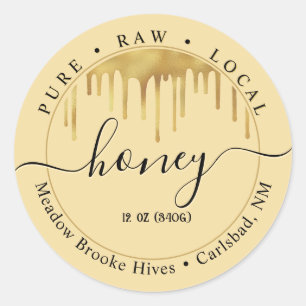 Honiggelbes Etikett mit Tropfen und dekorativem Sc Runder Aufkleber