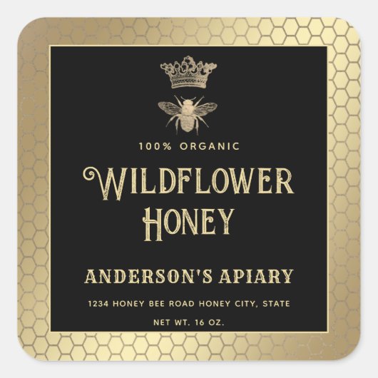 Honigjar Gold Schwarze Königin Biene Quadratischer Aufkleber (Vorderseite)