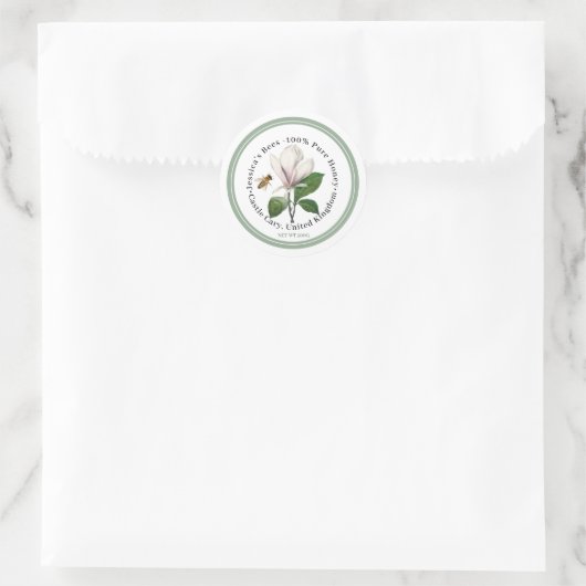Honiglabel mit Magnolia und Biene und grüne Grenze Runder Aufkleber (Tasche)
