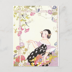 Honigsaukine und Mädchen mit geschnittenen Blume Postkarte