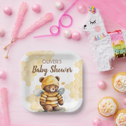 Honigwaben und Braunhonigteddy tragen Babydusche Pappteller (Party)
