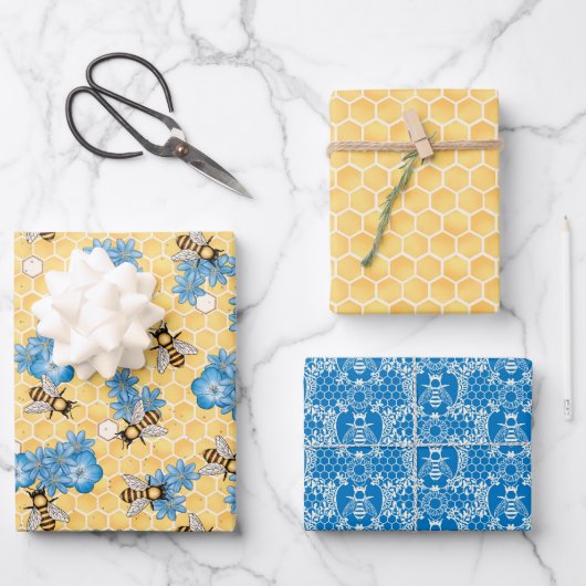 Honigwabenpapier für Bienen — Set 3 Geschenkpapier Set (Vorderseite)