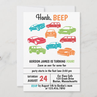 Honk Beep Automobile/Cars Geburtstagspartei Einladung