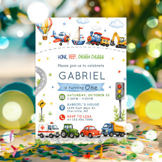 Honk, Beep, Chugga Chugga Transport Geburtstag Einladung
