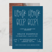 Honk Honk Blue Typographic Drive by Grad Party Einladung (Vorne/Hinten)