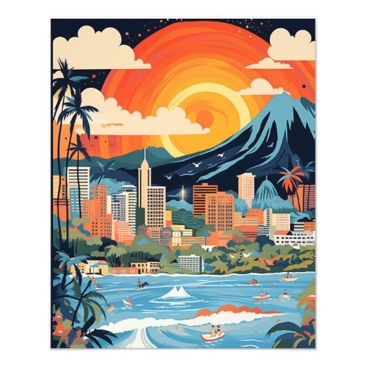 Honolulu Beach Poster Bright Colors AI Generiert (Vorne)
