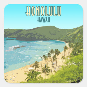 Honolulu Hanauma Bay Strand Hawaii Vintage Quadratischer Aufkleber