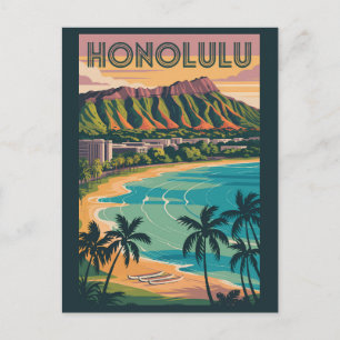 Honolulu Hawaii Illustration Travel Art Vintag Postkarte