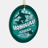 Honolulu Hawaii Logo für aquamarine Surfer Keramik Ornament (Rechts)
