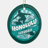 Honolulu Hawaii Logo für aquamarine Surfer Keramik Ornament (Links)