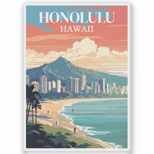Honolulu, Hawaii: Reise Vintage Aufkleber (Vorderseite)