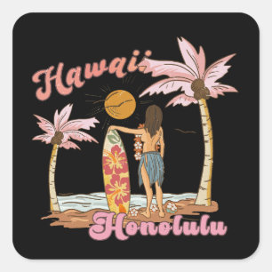 Honolulu Hawaii Retro Surfen Tropischer Strand Quadratischer Aufkleber