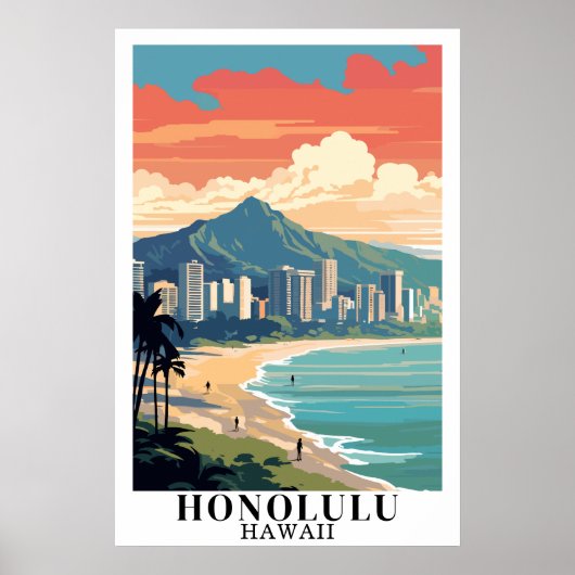 Honolulu Hawaii Vintage Travel Waikiki Beach Art Poster (Vorne)
