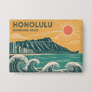Honolulu Oahu Diamond Head Retro im Stil der Mitte Button