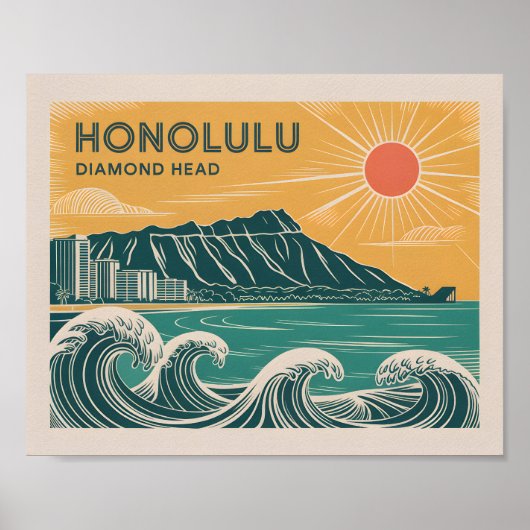 Honolulu Oahu Diamond Head Retro im Stil der Mitte Poster (Vorne)