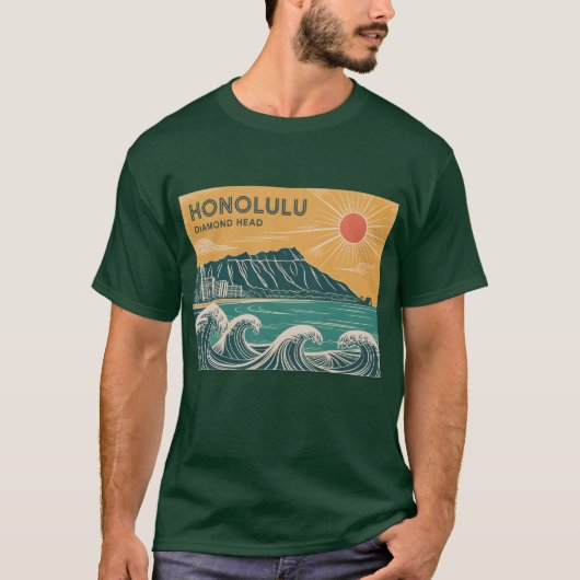Honolulu Oahu Diamond Head Retro im Stil der Mitte T-Shirt (Vorderseite)