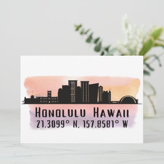 Honolulu Skyline Latitude und Längengrad Karte (Stehend Vorderseite)