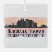 Honolulu Skyline Latitude und Längengrad Ornament Aus Glas (Vorderseite)