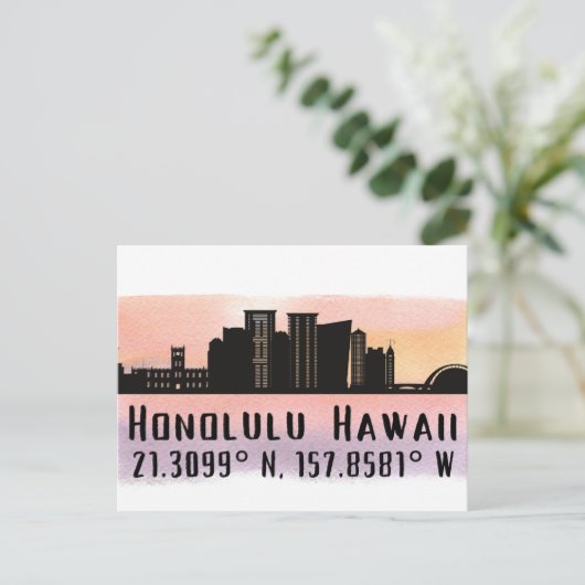 Honolulu Skyline Latitude und Längengrad Postkarte (Stehend Vorderseite)